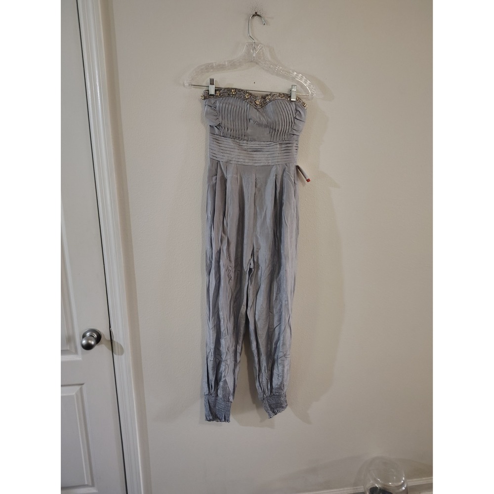 Solaris Silver Blue Strapless Beaded Sweetheart Jumpsuit Womens Medium NWT